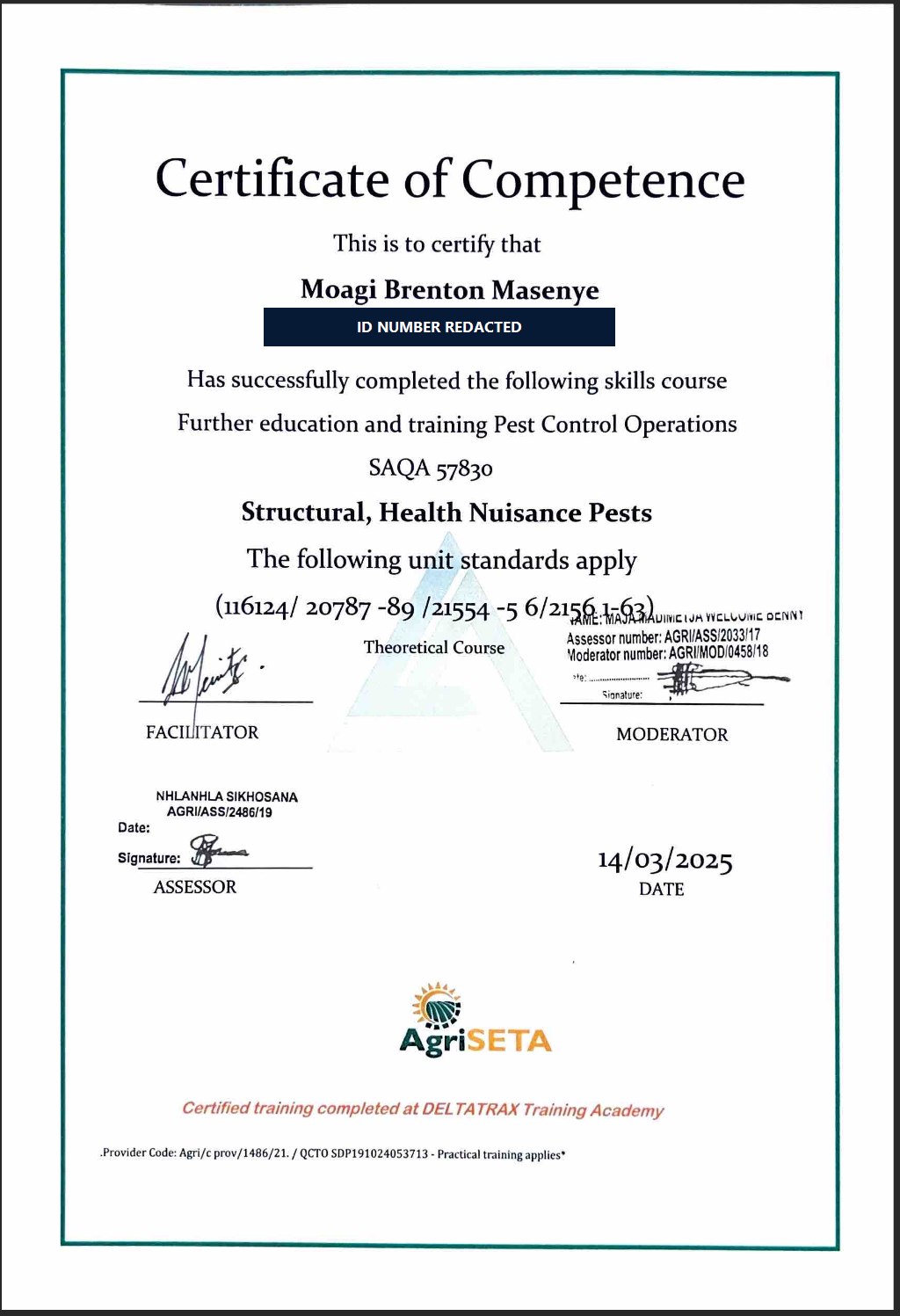 AgriSETA accredited Certificate of Competence awarded to Moagi Brenton Masenye for Further Education and Training Pest Control Operations, SAQA 57830, 14 March 2025