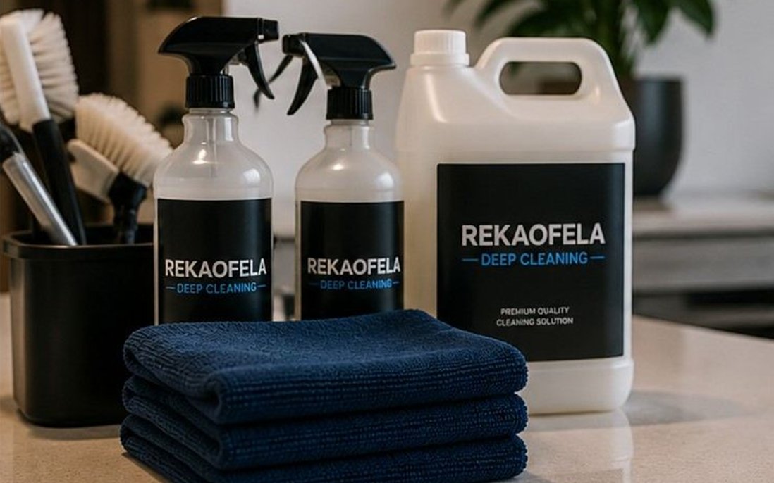 Rekaofela branded treatment products, brushes and cloths laid out ready for a job