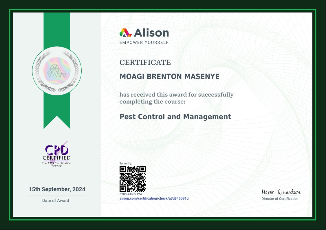 CPD certified certificate awarded to Moagi Brenton Masenye for Pest Control and Management, 15 September 2024