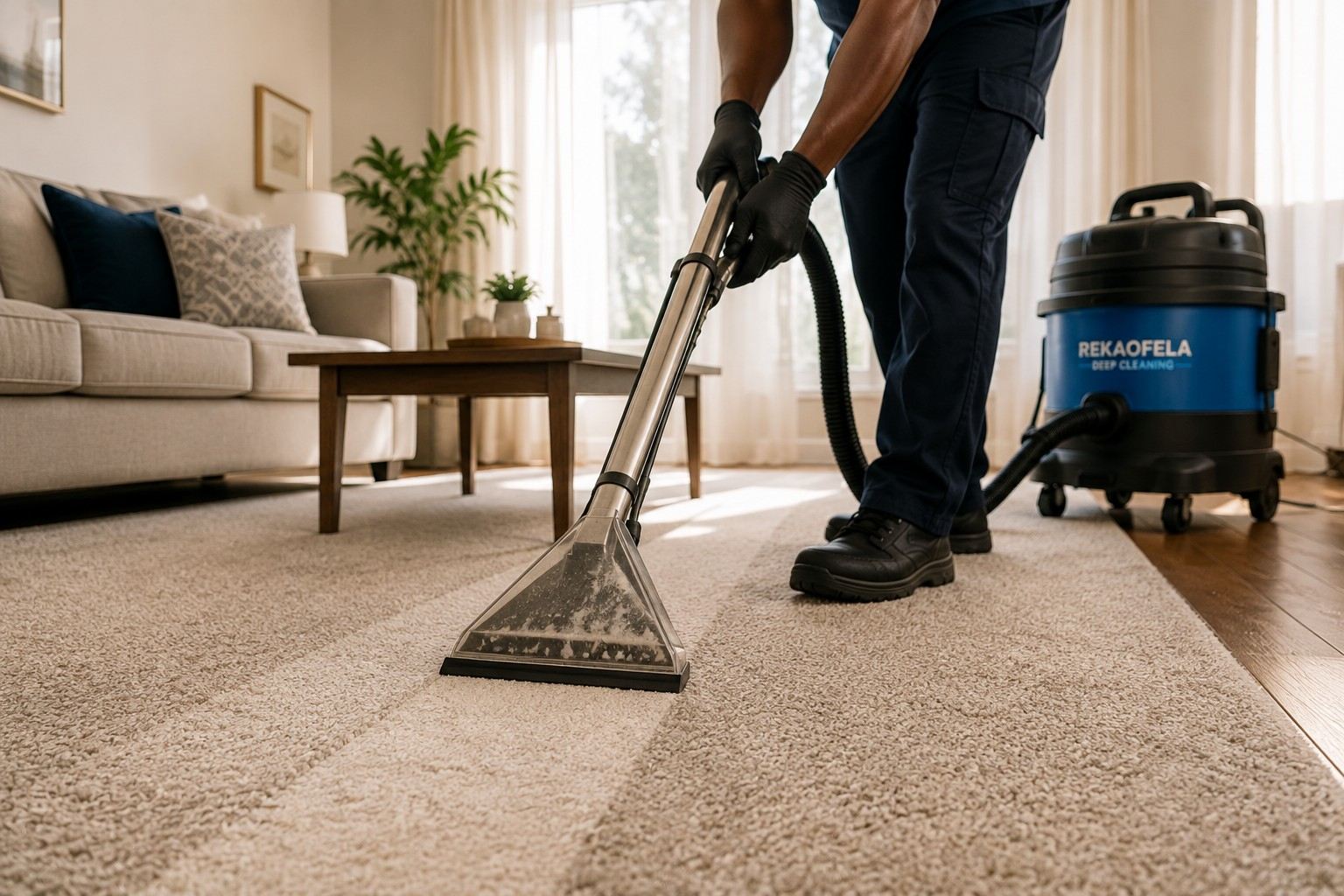 Carpet extraction cleaning in progress with professional equipment