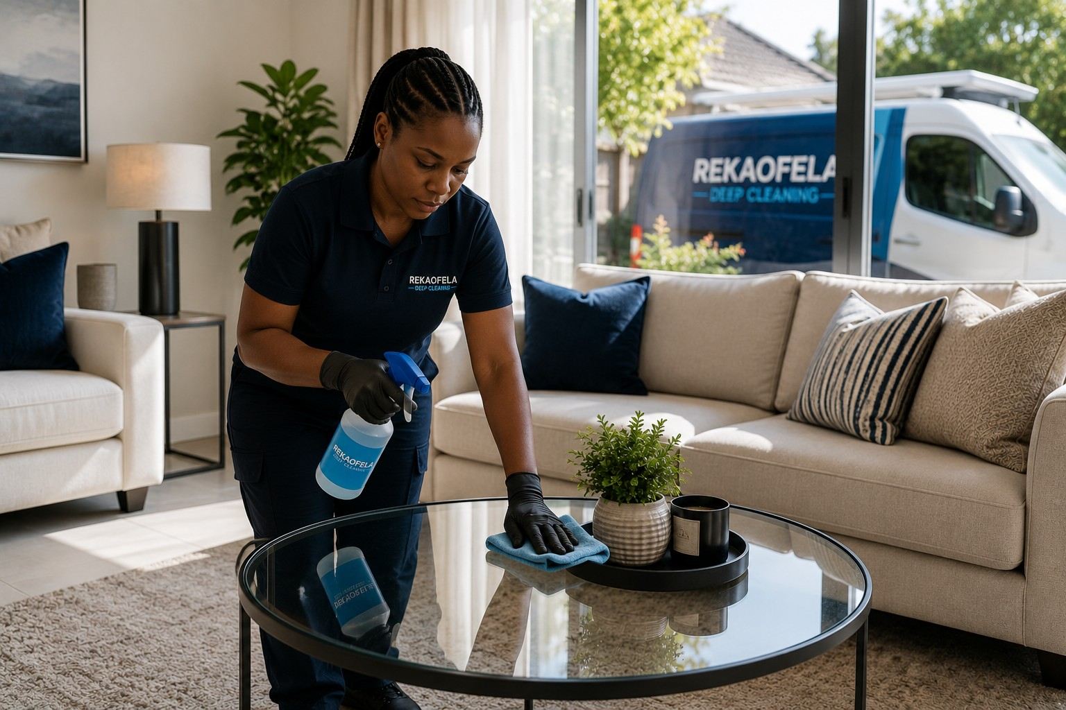 Rekaofela professional cleaning a living room, branded vehicle outside