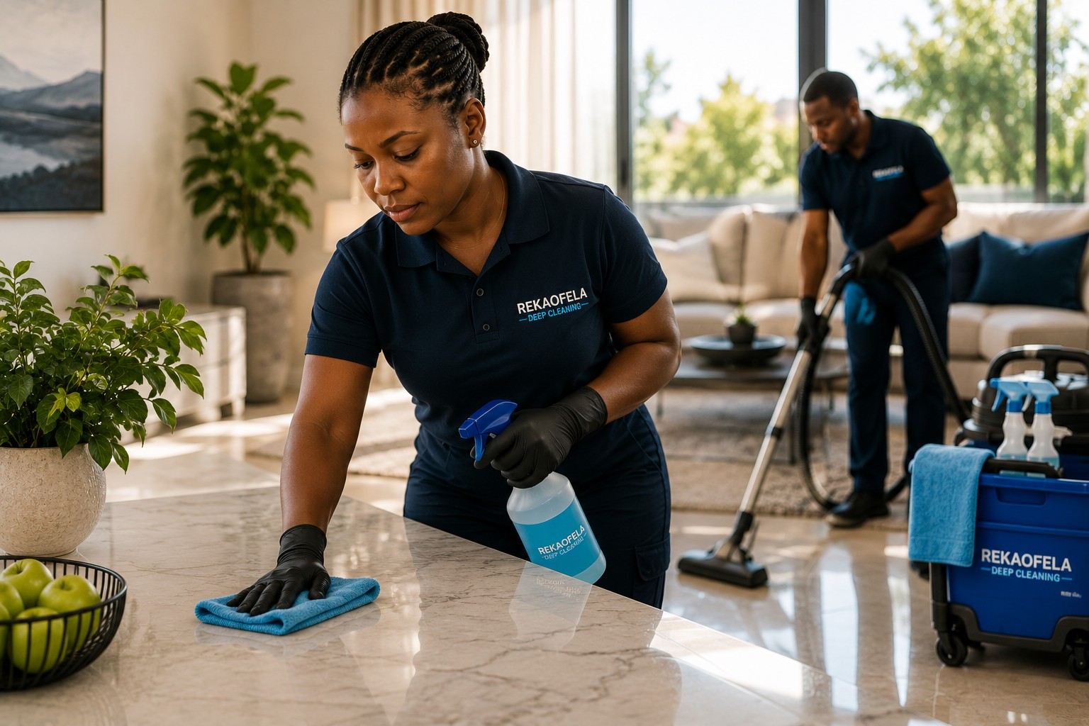 Rekaofela team carrying out a detailed residential clean