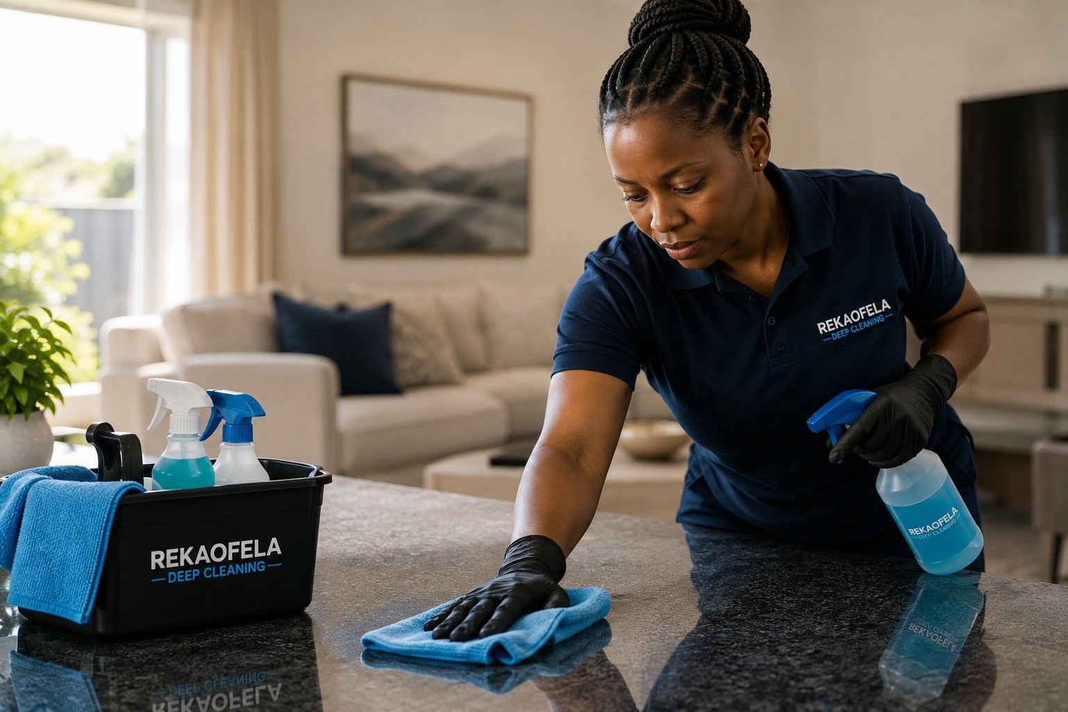 Rekaofela professional treating and wiping down a surface in a home